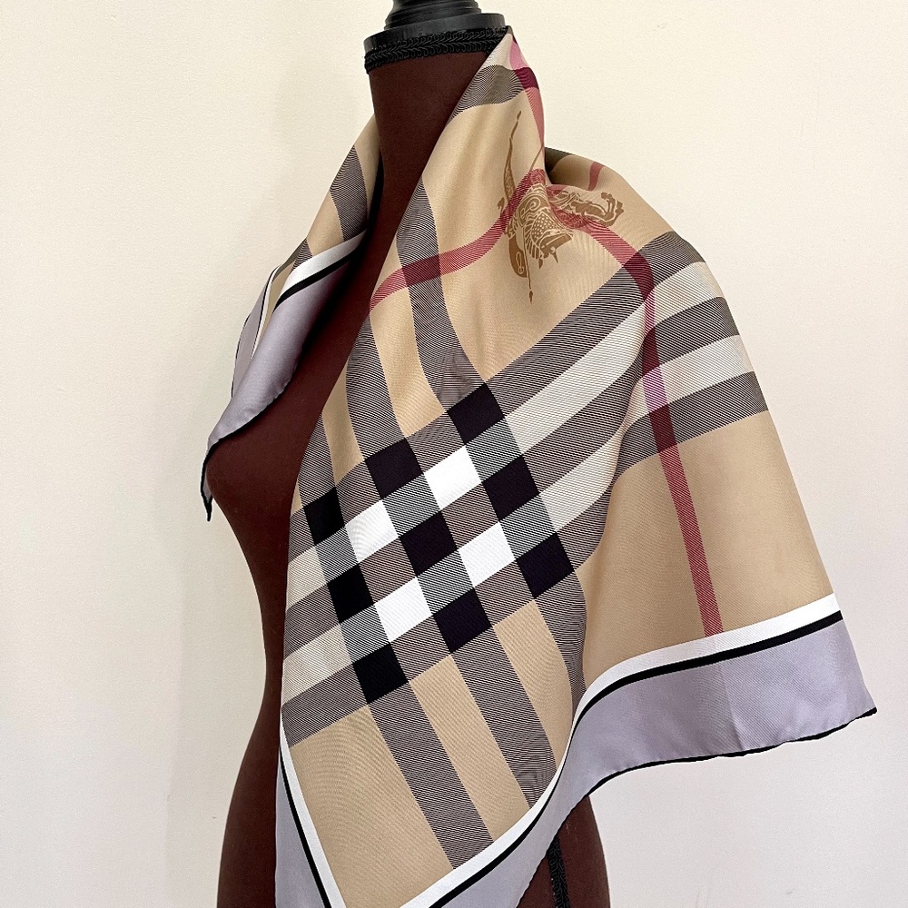 New Burberry Scarf Beige Check Gray Border Silk Wrap - Picture 6 of 13